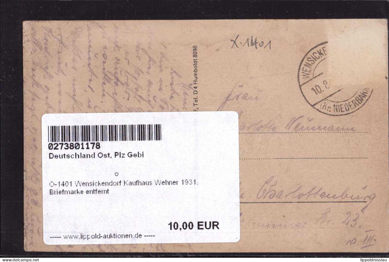 Gest. O-1401 Wensickendorf Kaufhaus Wehner 1931, Briefmarke Entfernt - Oranienburg