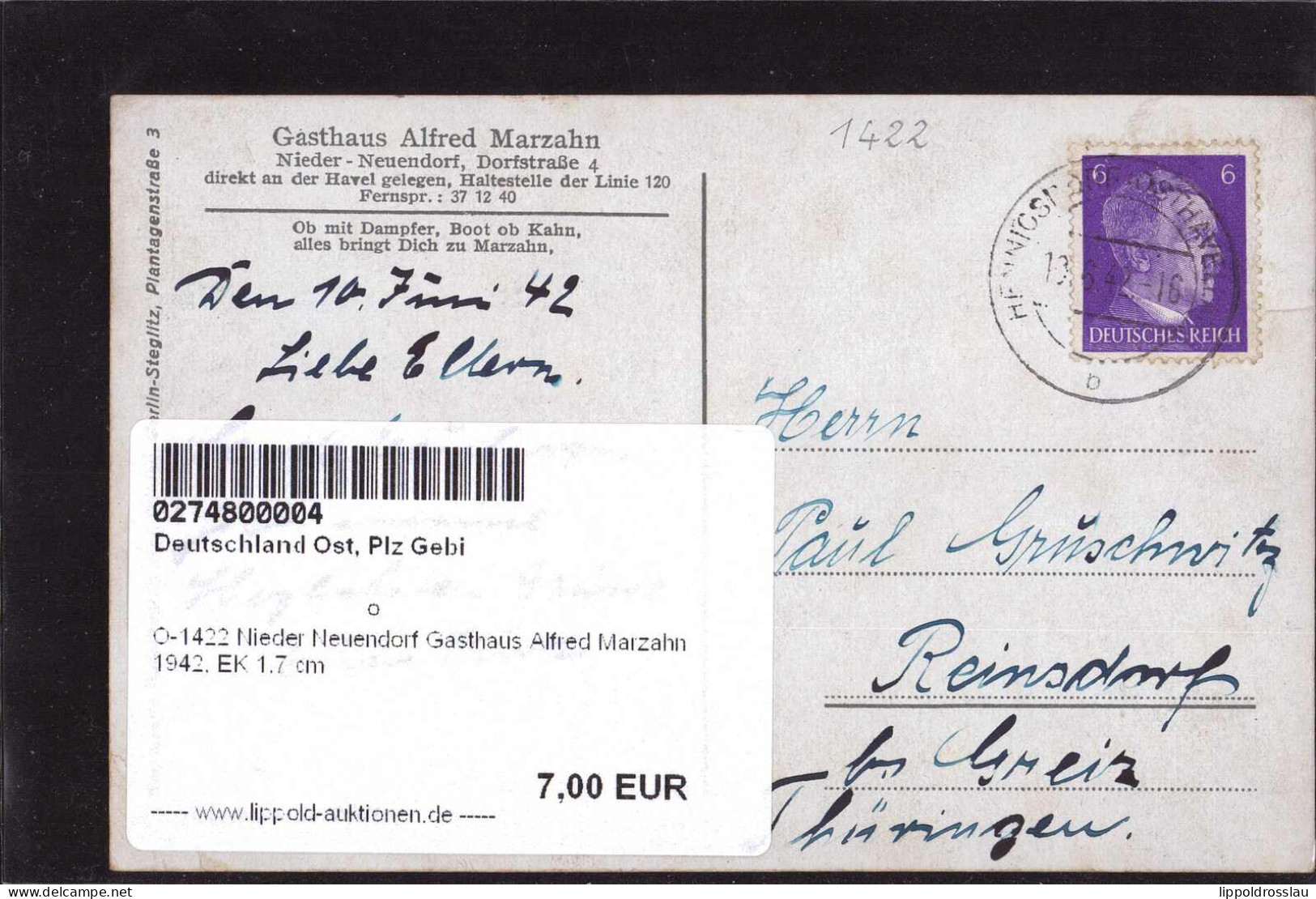 Gest. O-1422 Nieder Neuendorf Gasthaus Alfred Marzahn 1942, EK 1,7 Cm - Velten