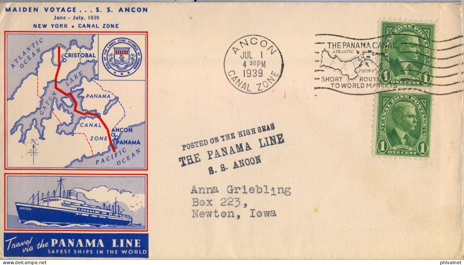 1939 CANAL ZONE , ANCON - NEWTON , POSTED ON THE HIGH SEAS , THE PANAM LINE " S.S. ANCON " , YV. 77 X 2 - Zona Del Canale / Canal Zone