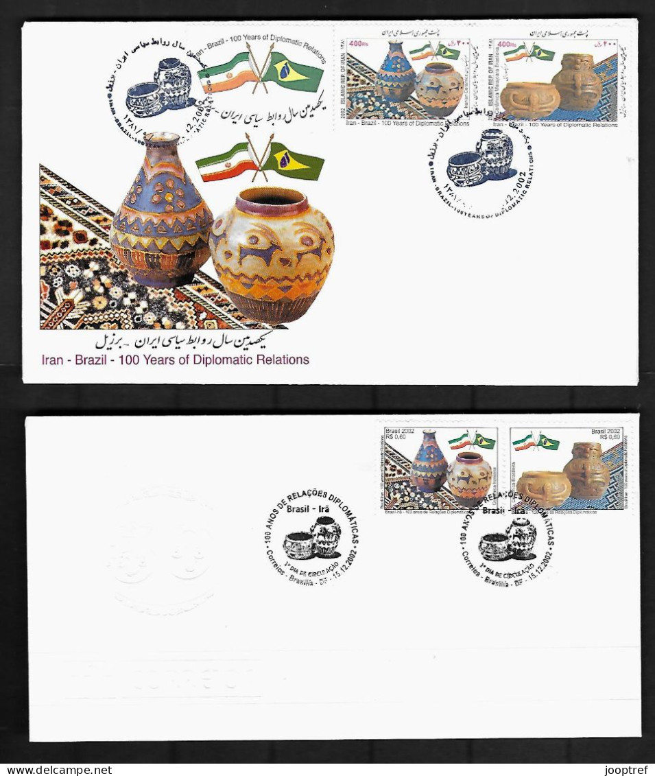 2002 Joint Brazil And Iran, BOTH OFFICIAL FDC'S WITH 2 STAMPS: Pots And Tapestry - Emissions Communes