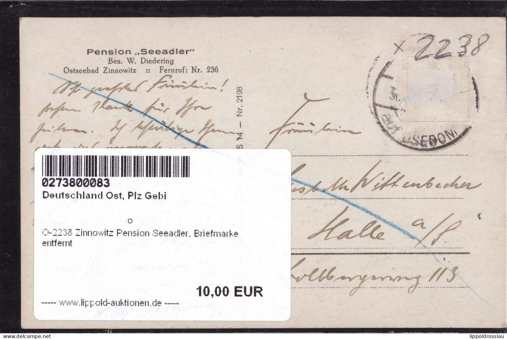 Gest. O-2238 Zinnowitz Pension Seeadler, Briefmarke Entfernt - Wolgast