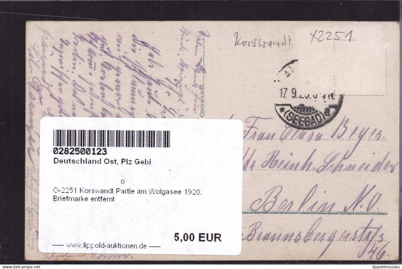 Gest. O-2251 Korswandt Partie Am Wolgasee 1920, Briefmarke Entfernt - Usedom