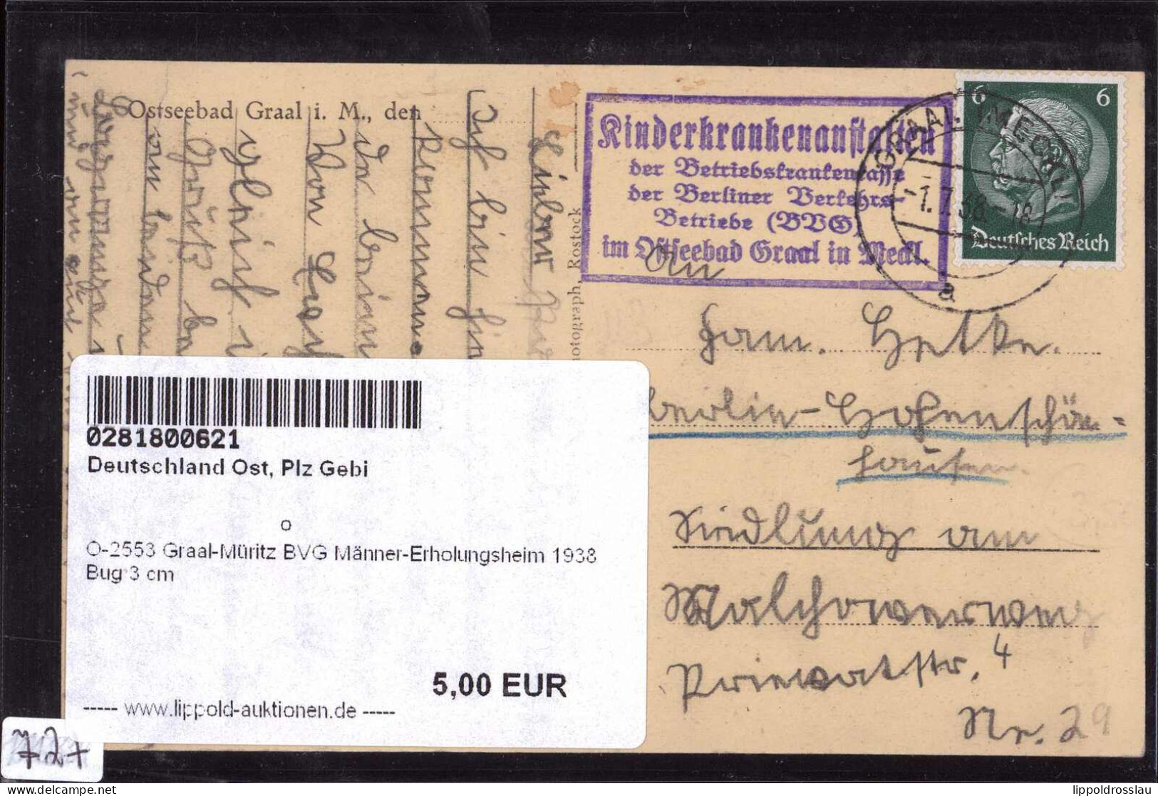 Gest. O-2553 Graal-Müritz BVG Männer-Erholungsheim 1938 Bug 3 Cm - Rostock