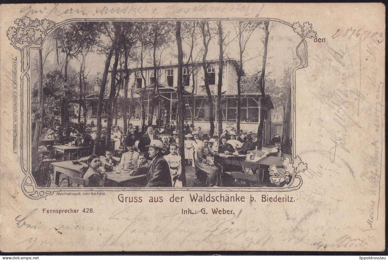 Gest. O-3104 Biederitz Gasthaus Waldschänke 1903, Briefmarke Entfernt - Maagdenburg
