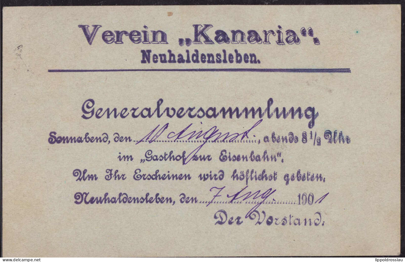Gest. O-3240 Neuhaldensleben Einladungskarte Verien Kanaria In Den Gasthof Zur Eisenbahn 1901, Privatganzsache - Haldensleben
