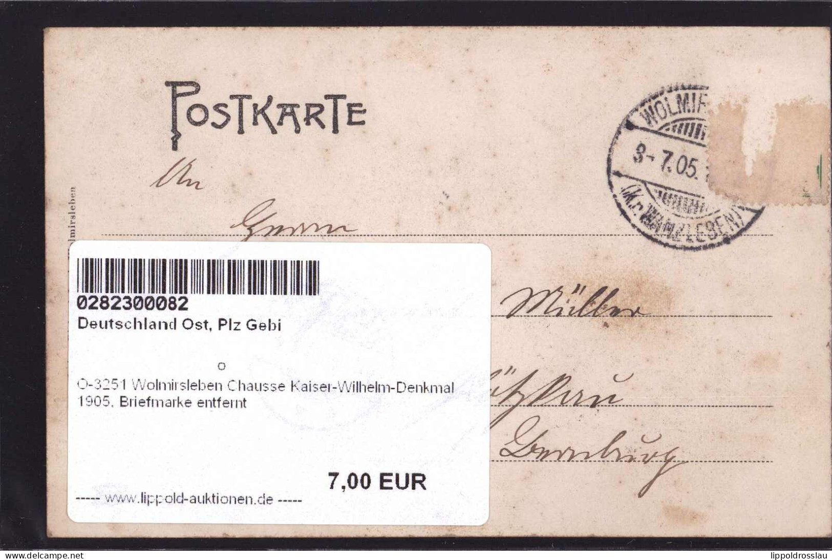 Gest. O-3251 Wolmirsleben Chausse Kaiser-Wilhelm-Denkmal 1905, Briefmarke Entfernt - Stassfurt