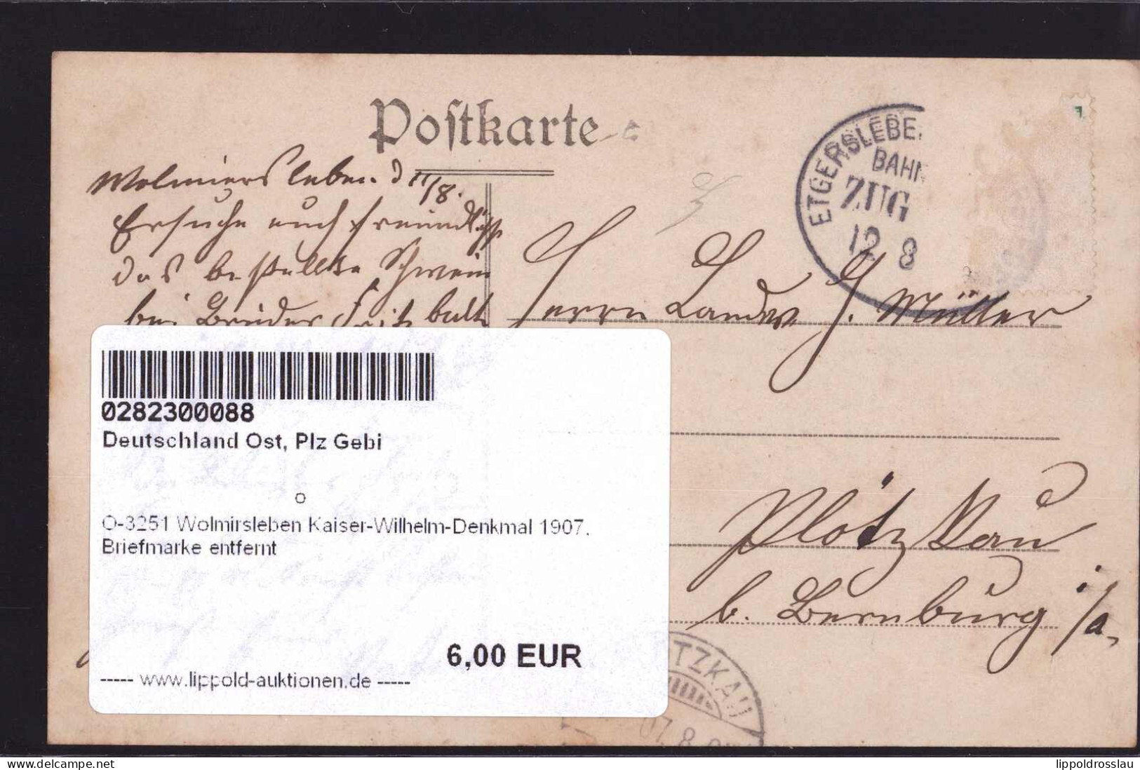 Gest. O-3251 Wolmirsleben Kaiser-Wilhelm-Denkmal 1907, Briefmarke Entfernt - Stassfurt