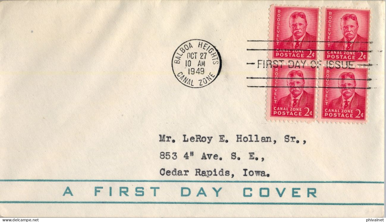 1949 CANAL ZONE , BALBOA HEIGHTS / CEDAR RAPIDS , YV. 108 BL/4 - TH. ROOSEVELT , FIRST DAY COVER - Kanaalzone