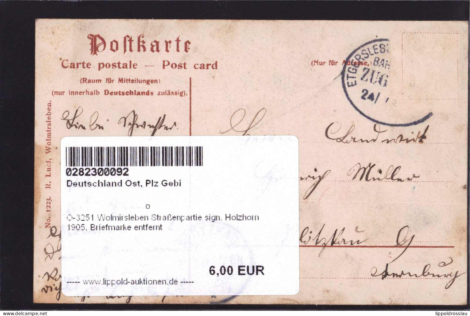 Gest. O-3251 Wolmirsleben Straßenpartie Sign. Holzhorn 1905, Briefmarke Entfernt - Stassfurt