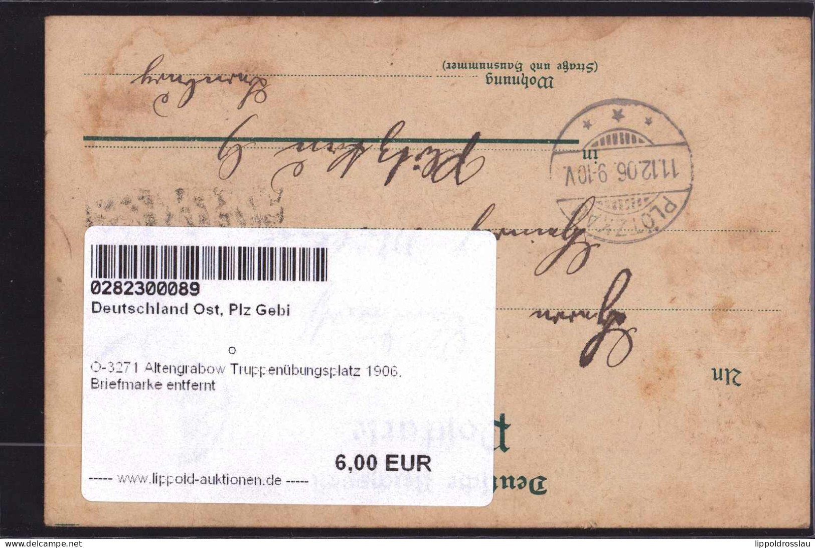 Gest. O-3271 Altengrabow Truppenübungsplatz 1906, Briefmarke Entfernt - Burg