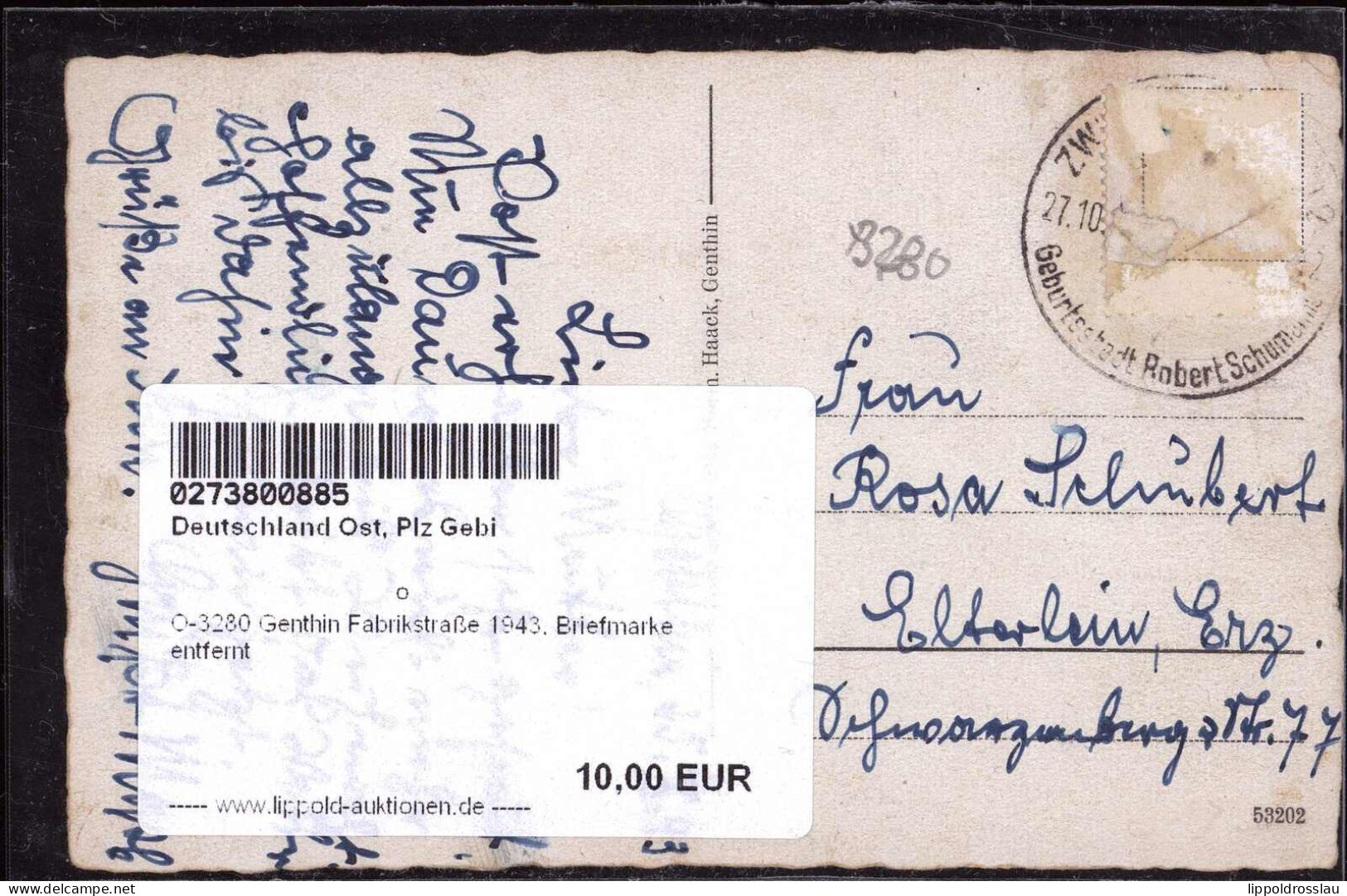 Gest. O-3280 Genthin Fabrikstraße 1943, Briefmarke Entfernt - Genthin
