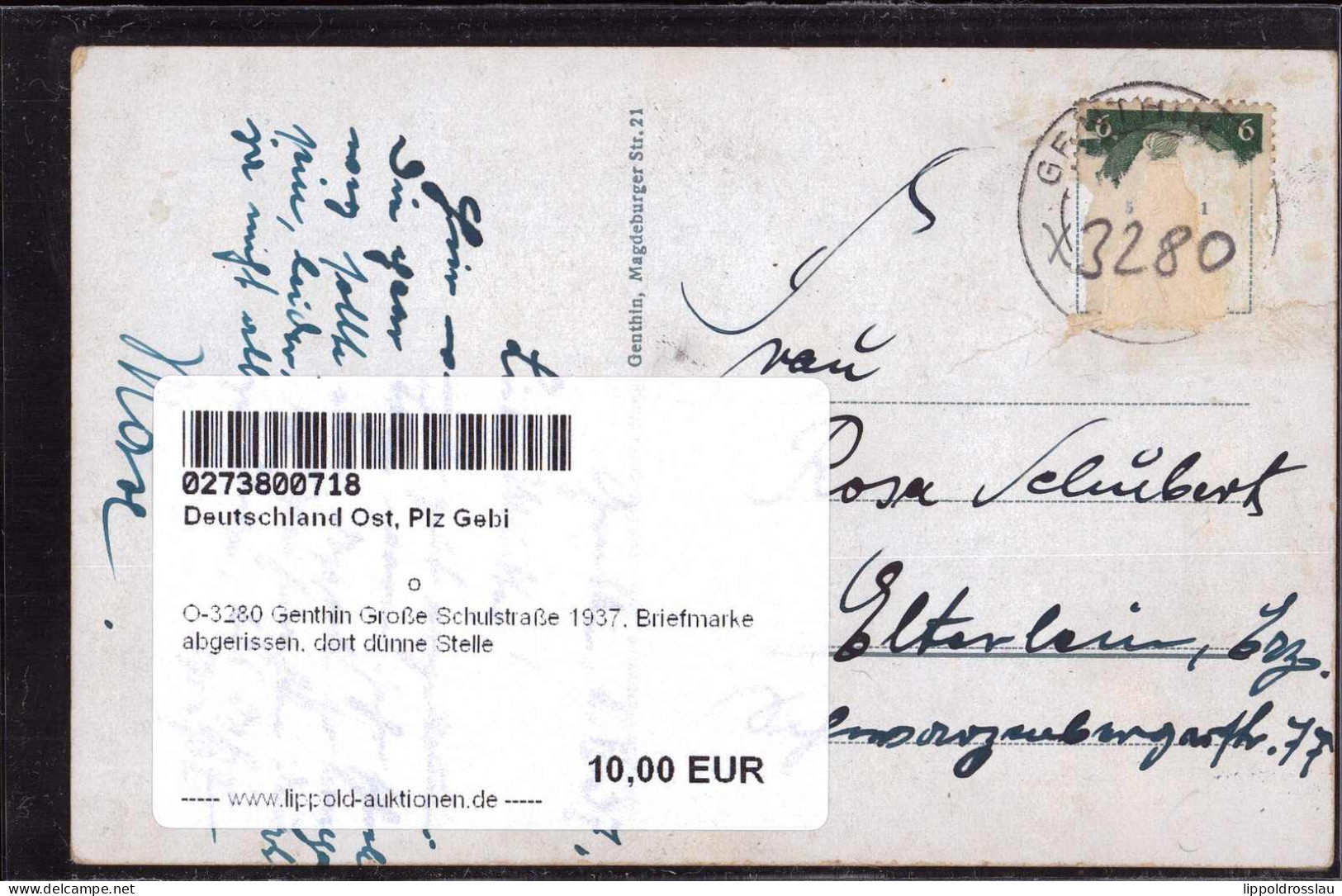 Gest. O-3280 Genthin Große Schulstraße 1937, Briefmarke Abgerissen, Dort Dünne Stelle - Genthin