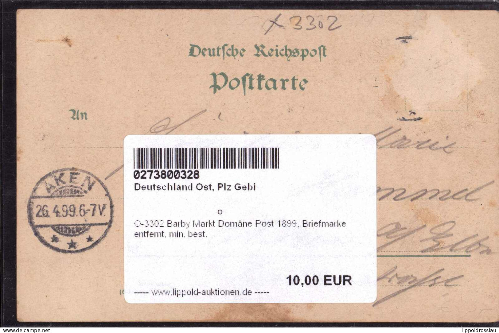 Gest. O-3302 Barby Markt Domäne Post 1899, Briefmarke Entfernt, Min. Best. - Schönebeck (Elbe)