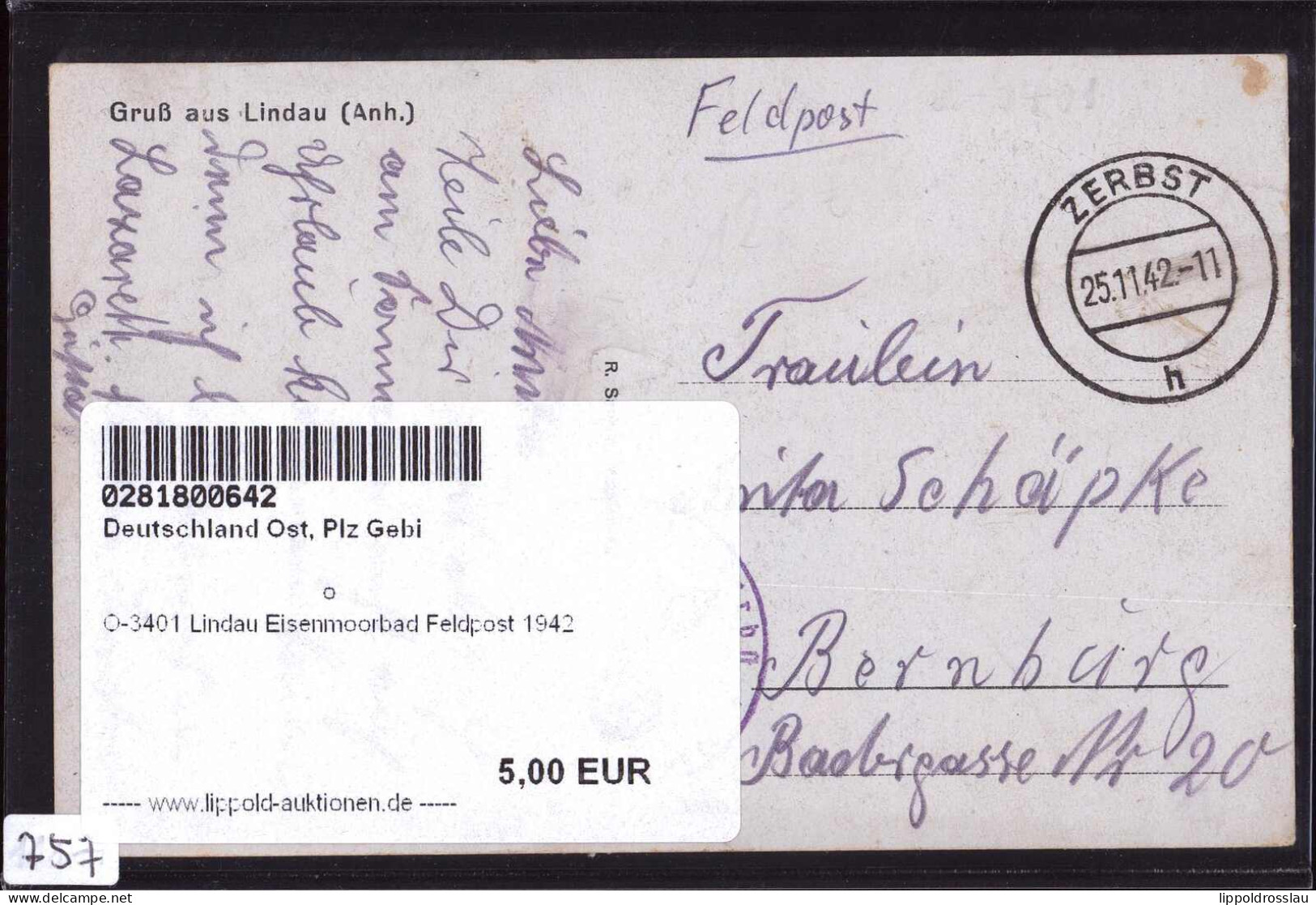 Gest. O-3401 Lindau Eisenmoorbad Feldpost 1942 - Zerbst