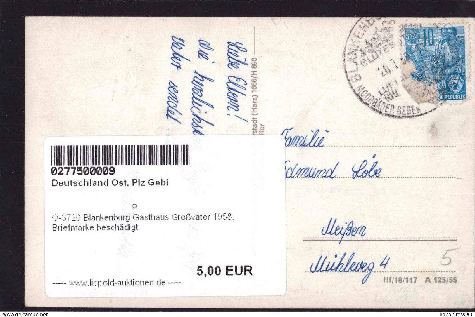 Gest. O-3720 Blankenburg Gasthaus Großvater 1958, Briefmarke Beschädigt - Blankenburg