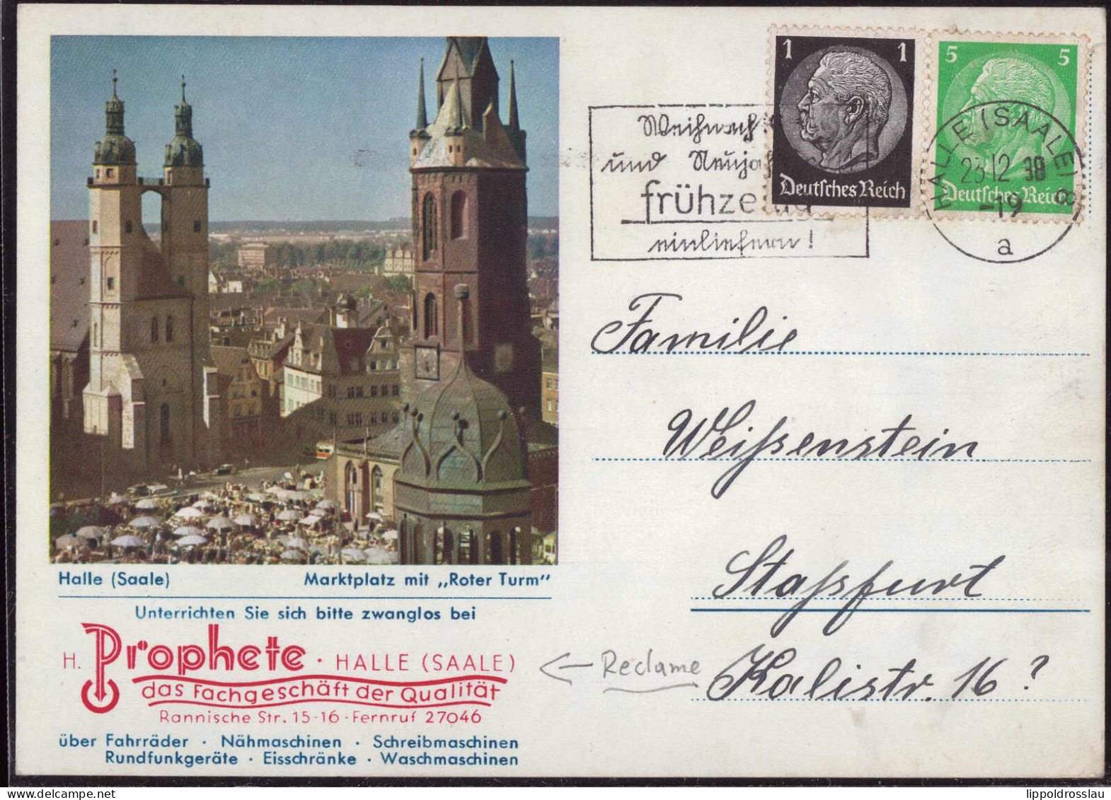 Gest. O-4000 Halle Markt Roter Turm 1938 Warenhandlung Prophete - Halle (Saale)