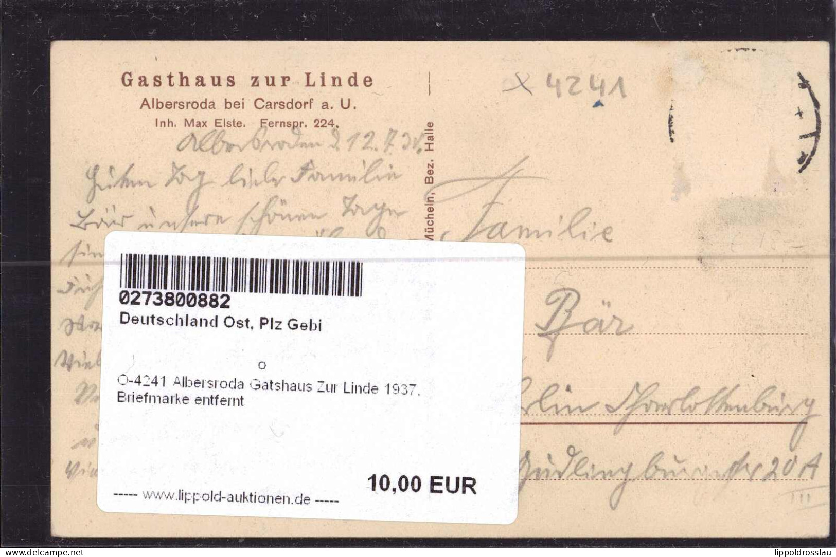Gest. O-4241 Albersroda Gatshaus Zur Linde 1937, Briefmarke Entfernt - Querfurt