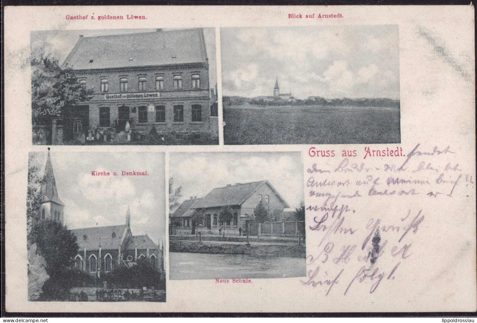 Gest. O-4271 Arnstedt Gasthaus Zum Goldenen Löwen Neue Schule 1905 - Hettstedt