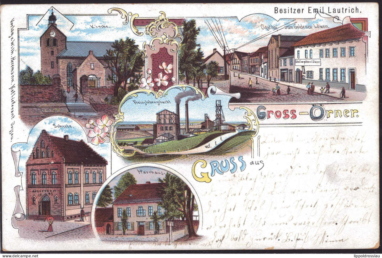 Gest. O-4273 Großörner Gasthaus Zum Goldenen Löwen Schule Pfarrhaus 1900 - Hettstedt