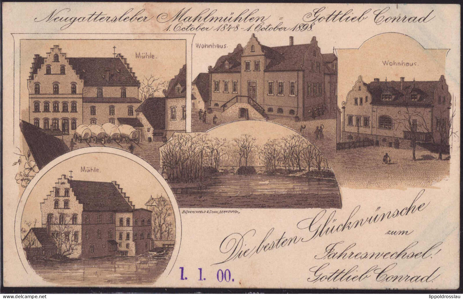 * O-4351 Neugattersleben Mühle Wohnhaus 1900, Neujahrs-Glückwunschkarte RS Keine AK-Einteilung - Bernburg (Saale)