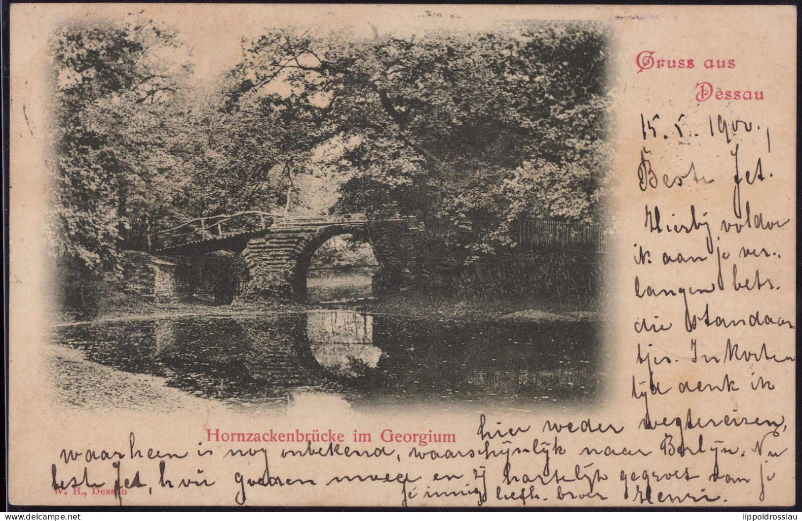 Gest. O-4500 Dessau Hornzackenbrücke Im Georgium 1900, Briefmarke Entfernt - Dessau