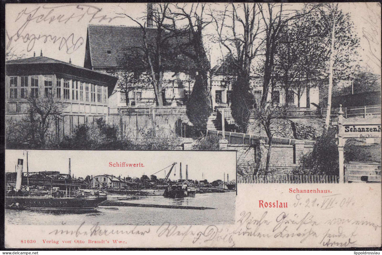 Gest. O-4530 Roßlau Gasthaus Schanzenhaus Schiffswerft 1904, Bug Oben Rechts - Dessau