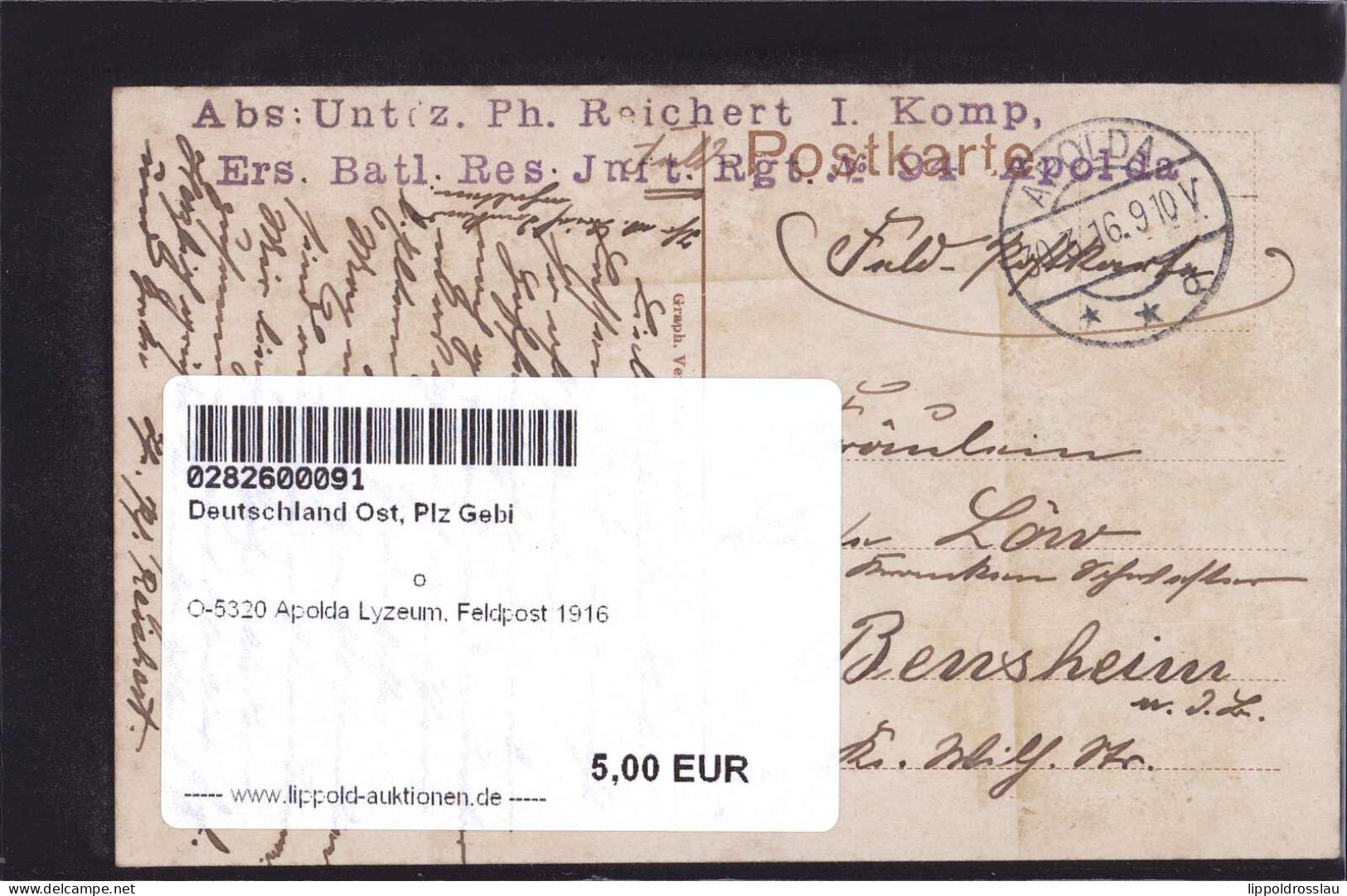 Gest. O-5320 Apolda Lyzeum, Feldpost 1916 - Apolda