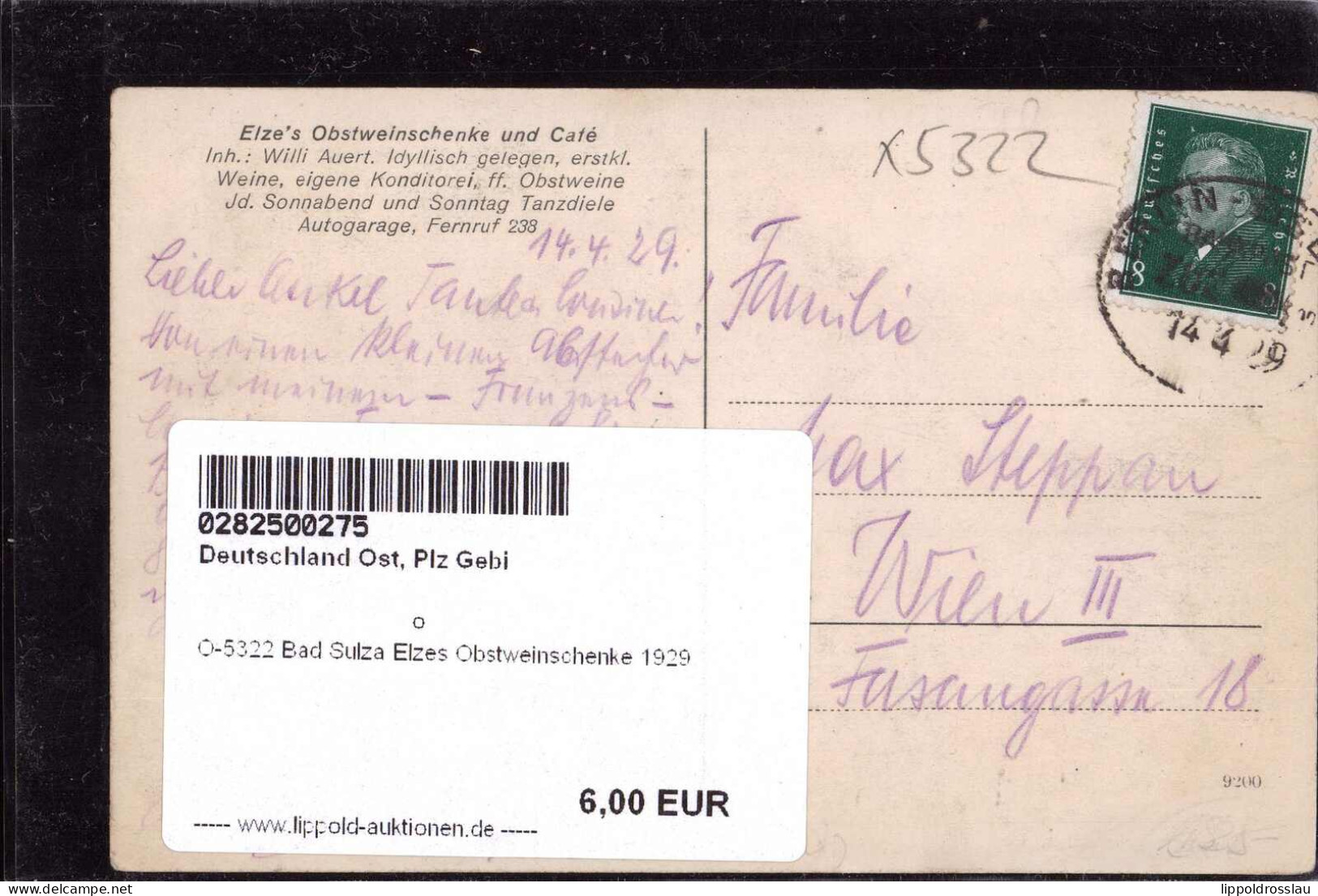Gest. O-5322 Bad Sulza Elzes Obstweinschenke 1929 - Apolda