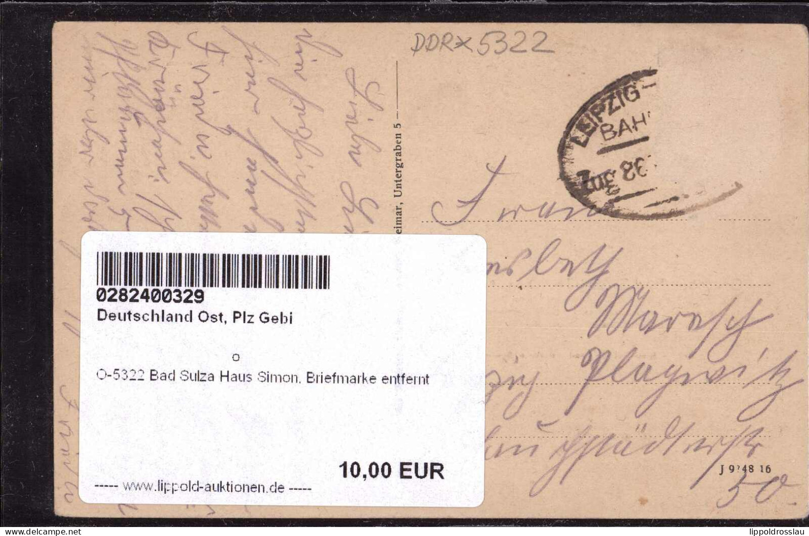 Gest. O-5322 Bad Sulza Haus Simon, Briefmarke Entfernt - Apolda