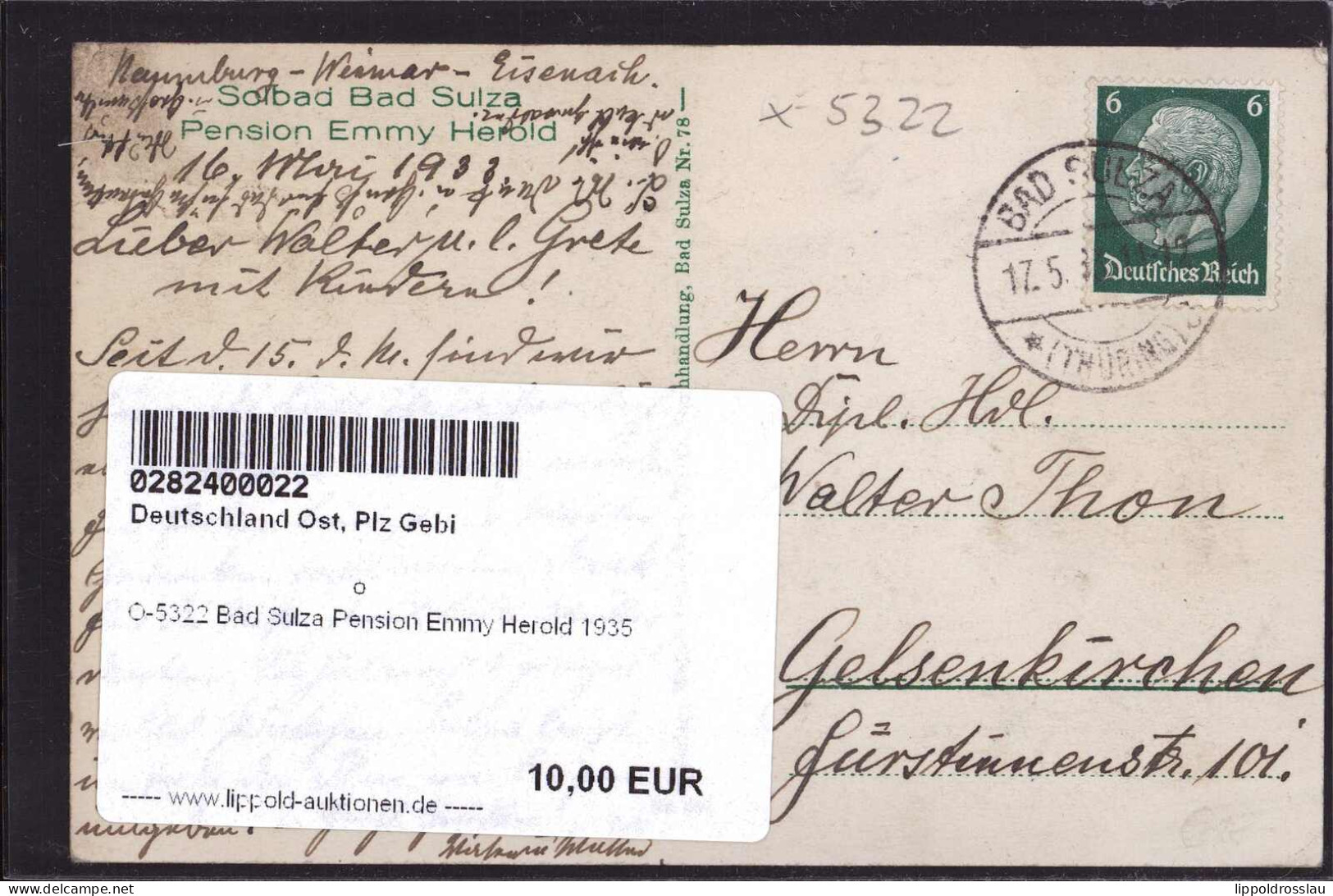 Gest. O-5322 Bad Sulza Pension Emmy Herold 1935 - Apolda