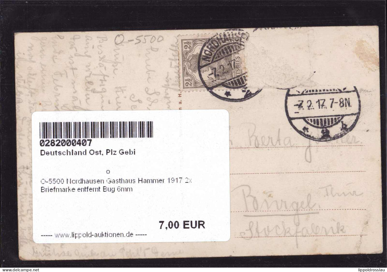 Gest. O-5500 Nordhausen Gasthaus Hammer 1917 2x Briefmarke Entfernt Bug 6mm - Nordhausen