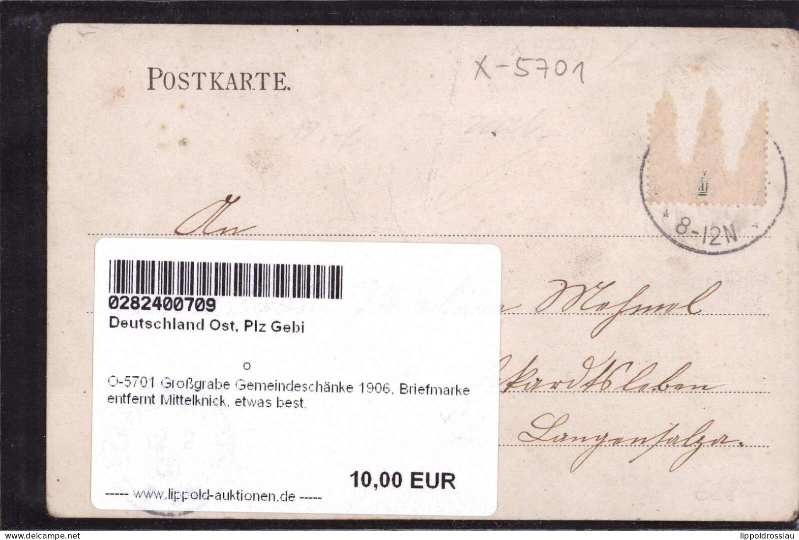 Gest. O-5701 Großgrabe Gemeindeschänke 1906, Briefmarke Entfernt Mittelknick, Etwas Best. - Muehlhausen