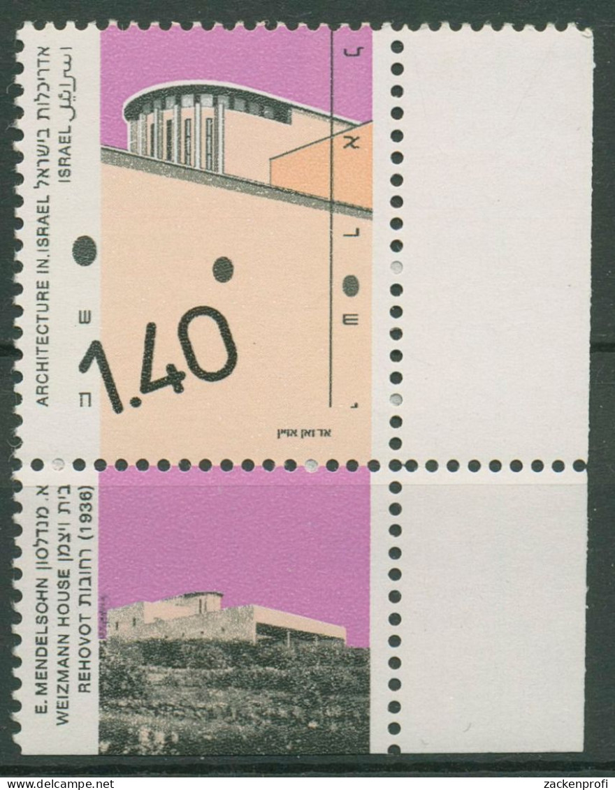 Israel 1991 Architektur Weizmann-Haus 1187 II Ecke Mit Tab Postfrisch - Unused Stamps (with Tabs)