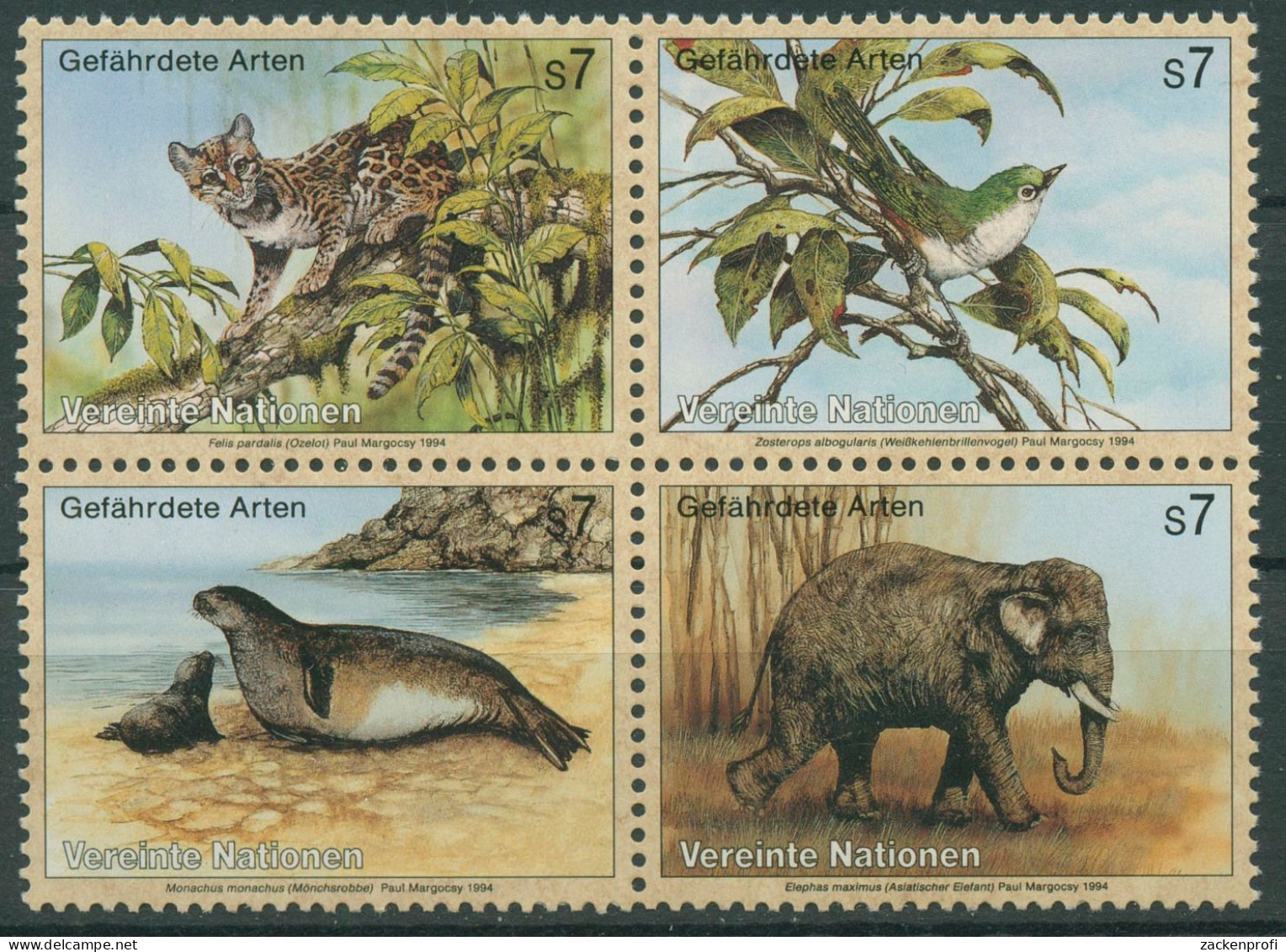 UNO Wien 1994 Gefährdete Tiere Ozelot Robbe Elefant Vögel 162/65 ZD Postfrisch - Unused Stamps