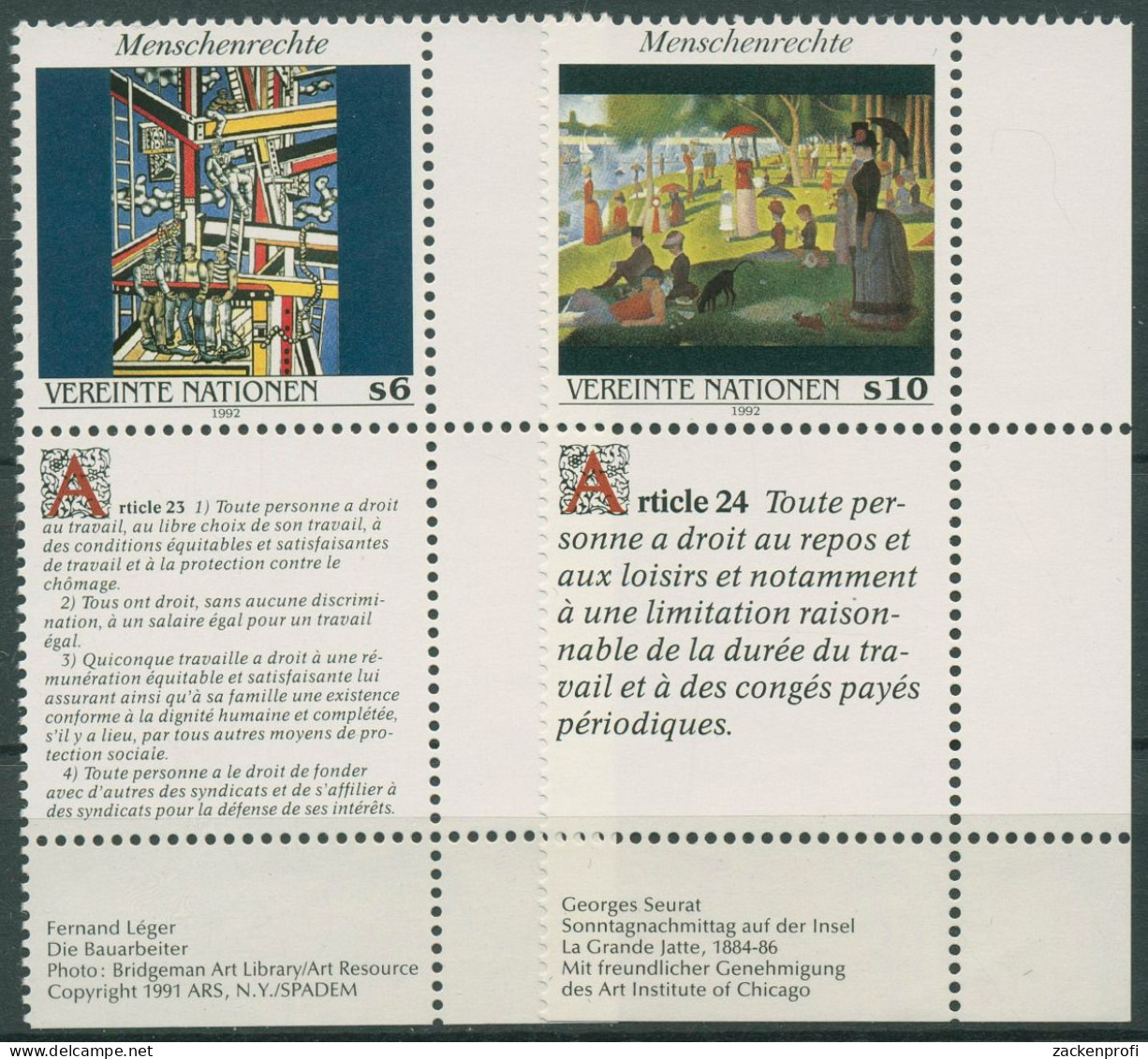 UNO Wien 1992 Erklärung Der Menschenrechte Gemälde 139/40 Zf Ecke Postfrisch - Unused Stamps