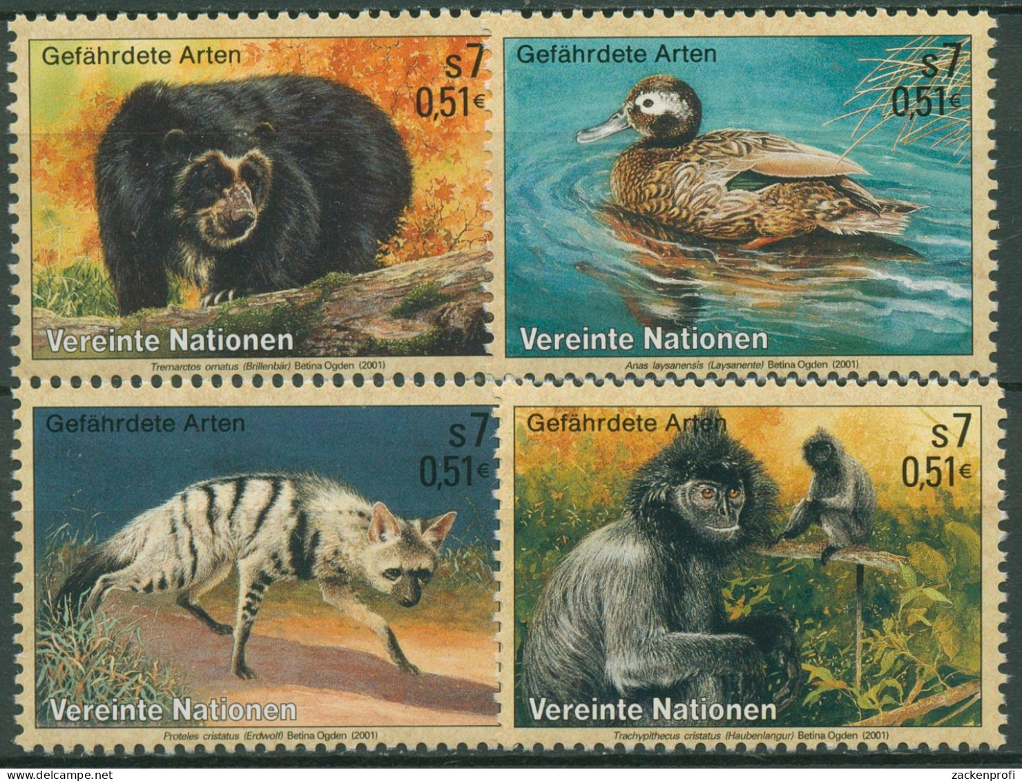 UNO Wien 2001 Gefährdete Tiere Bär Ente Wolf Langur 327/30 Postfrisch - Nuevos