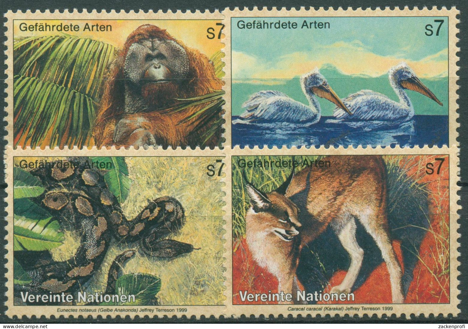 UNO Wien 1999 Gefährdete Tiere Orang-Utan Pelikan Anakonda 287/90 Postfrisch - Ungebraucht