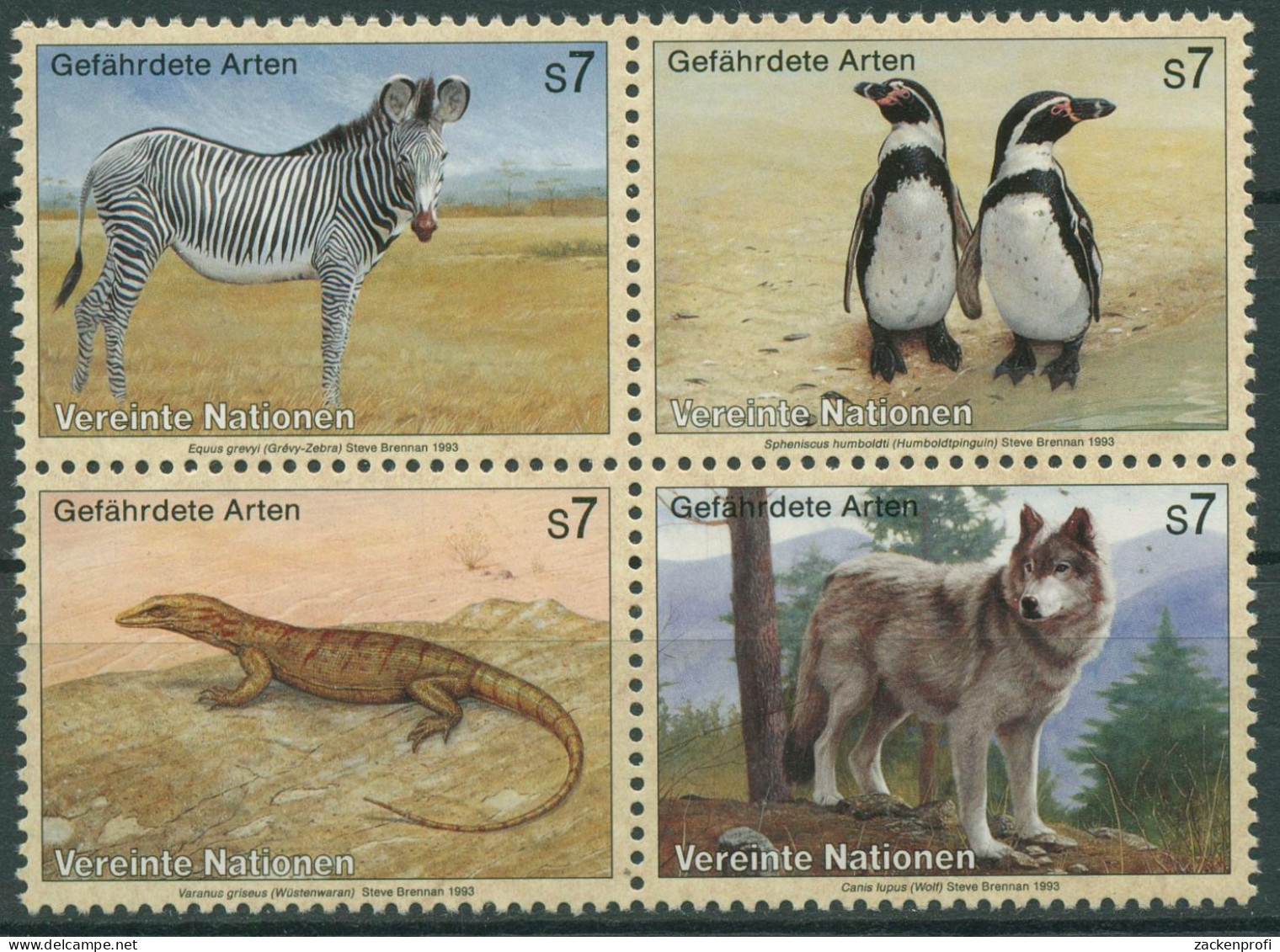 UNO Wien 1993 Gefährdete Tiere Zebra Pinguin Waran Wolf 143/46 ZD Postfrisch - Neufs