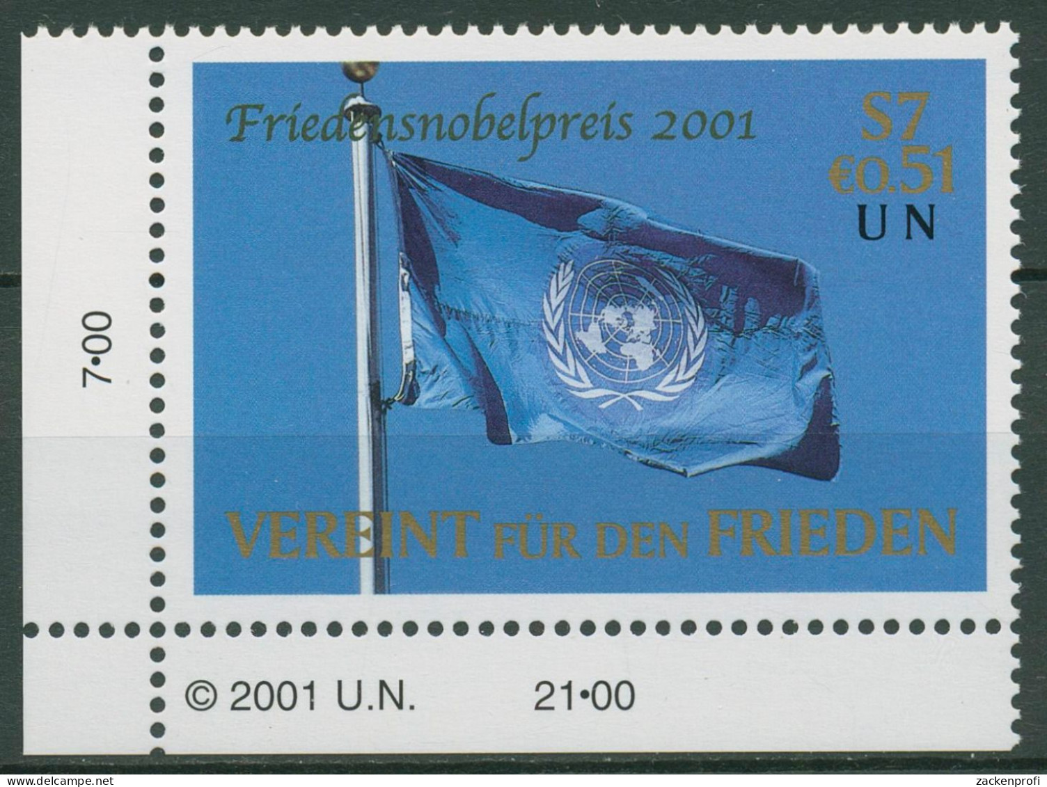 UNO Wien 2001 Friedensnobelpreis Kofi Annan Flagge 350 Ecke Postfrisch - Nuovi