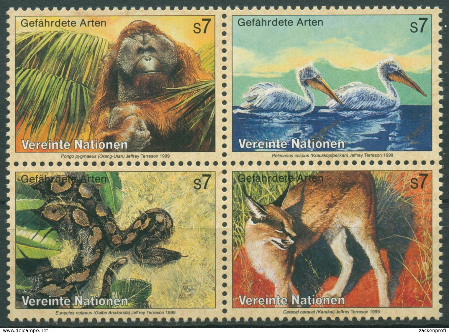 UNO Wien 1999 Gefährdete Tiere Orang-Utan Pelikan Anakonda 287/90 ZD Postfrisch - Unused Stamps