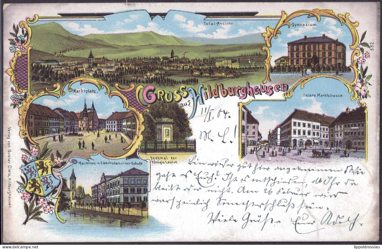 Gest. O-6110 Hildburghausen Marktstraße Gymnasium Schule 1904, Briefmarke Entfernt - Hildburghausen