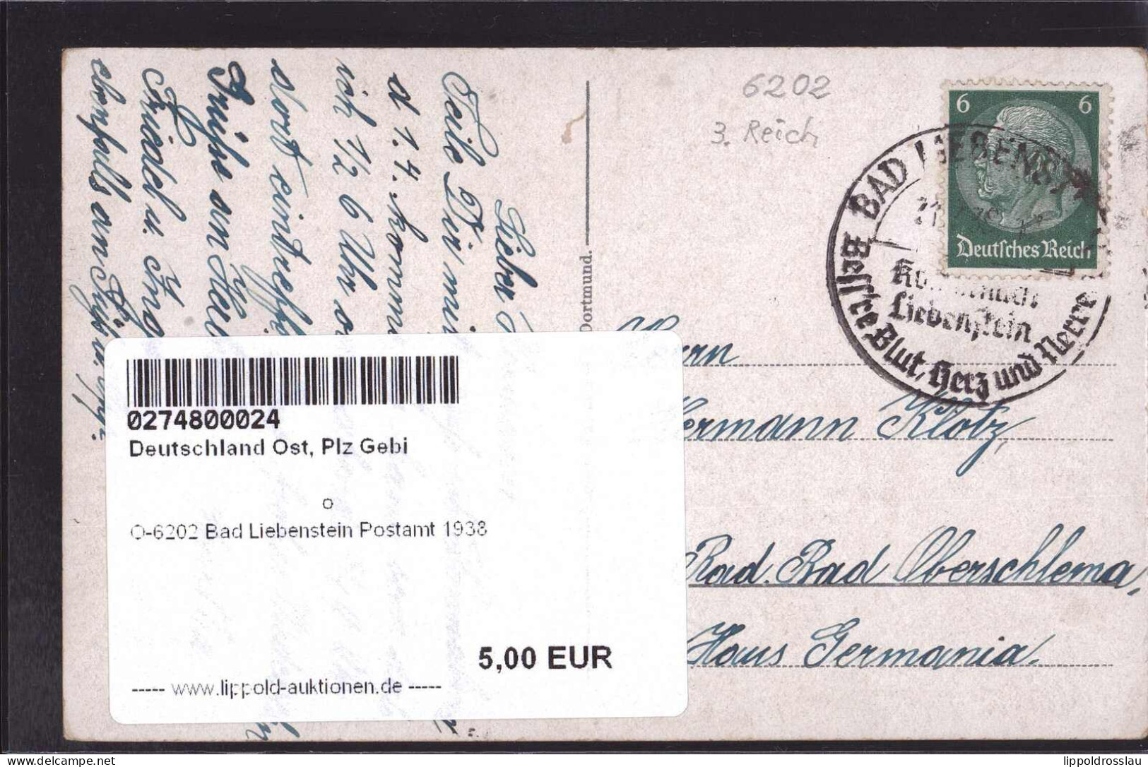 Gest. O-6202 Bad Liebenstein Postamt 1938 - Bad Salzungen