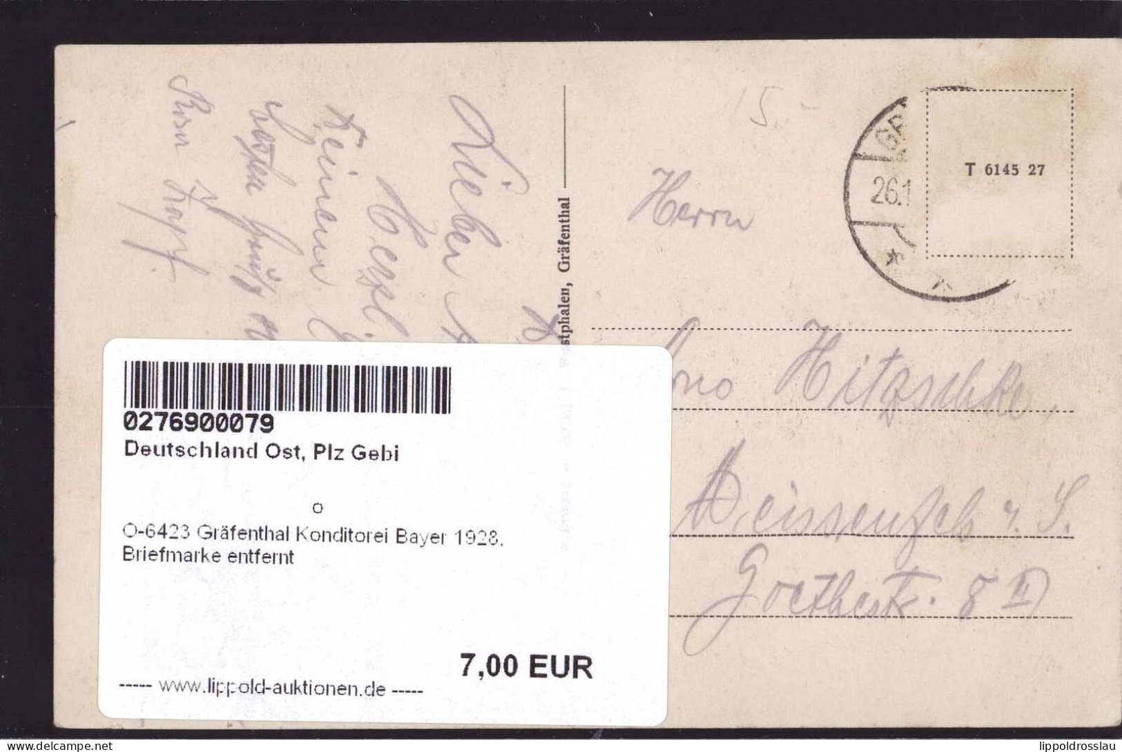 Gest. O-6423 Gräfenthal Konditorei Bayer 1928, Briefmarke Entfernt - Neuhaus