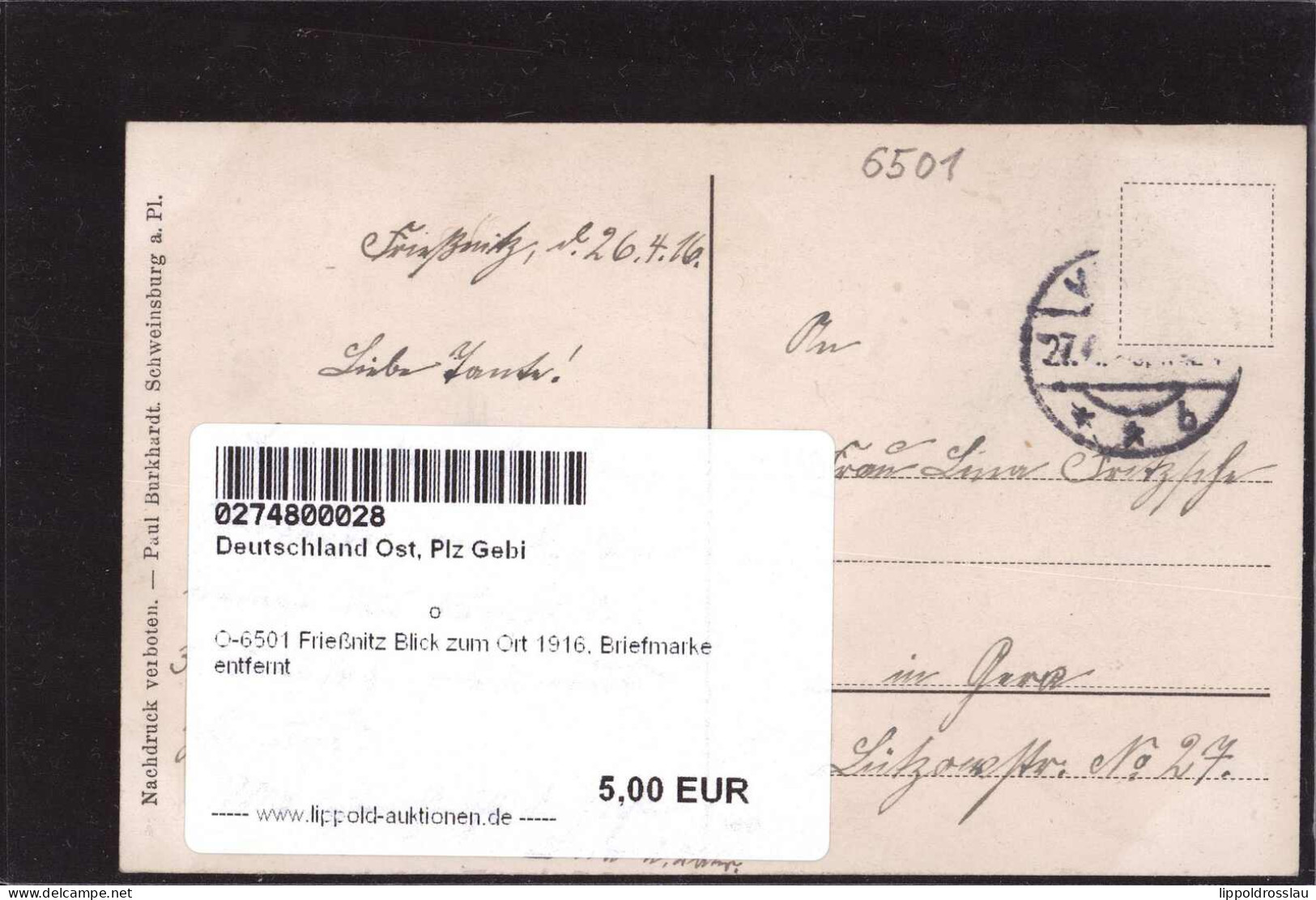 Gest. O-6501 Frießnitz Blick Zum Ort 1916, Briefmarke Entfernt - Gera