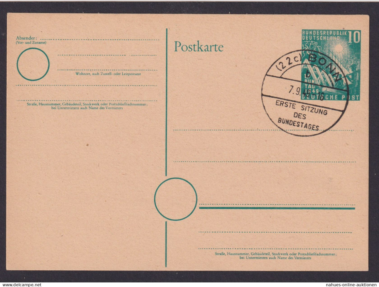 Bund Bonn Ganzsache SST Erste Sitzung Des Bundestages Ersttag FDC 7.9.1949 - Postkaarten - Gebruikt