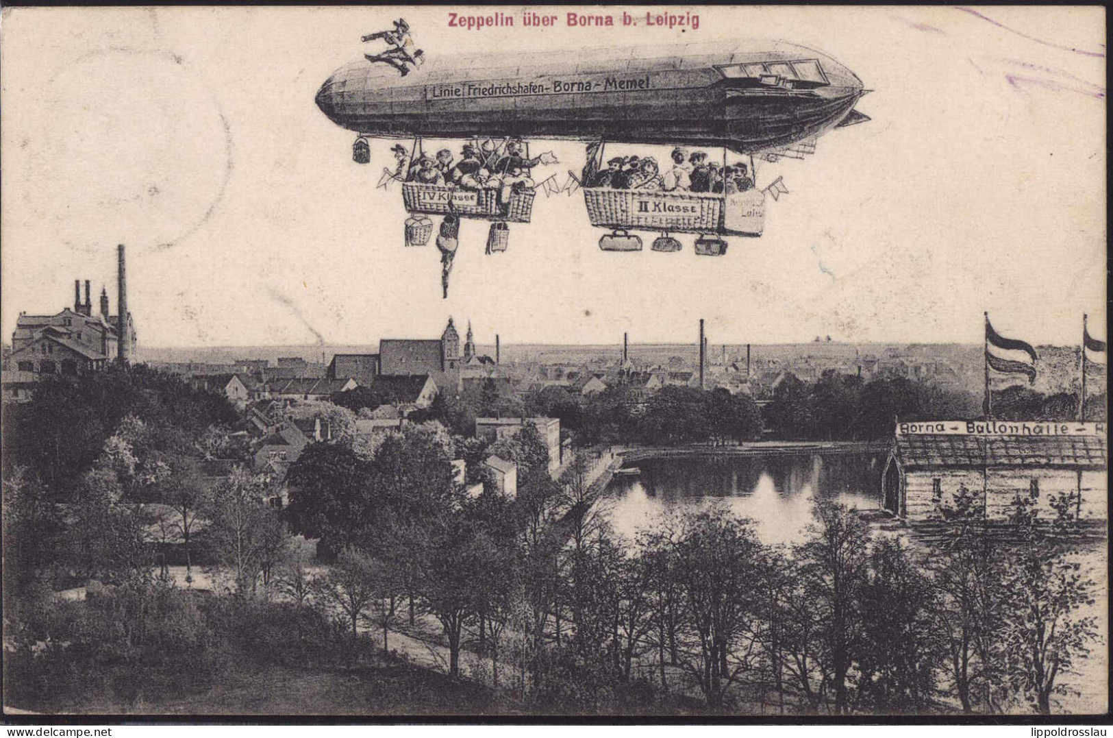 Gest. O-7200 Borna Zeppelin über Der Stadt, Humor 1909 - Borna