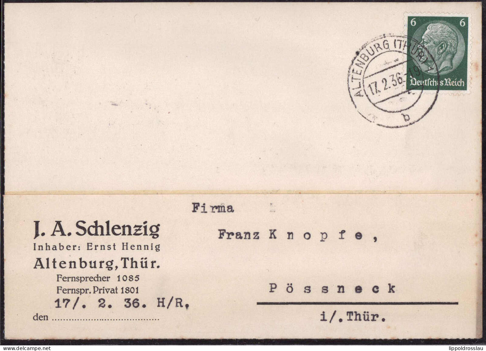 Gest. O-7400 Altenburg Firma Schlenzig 1936 - Altenburg