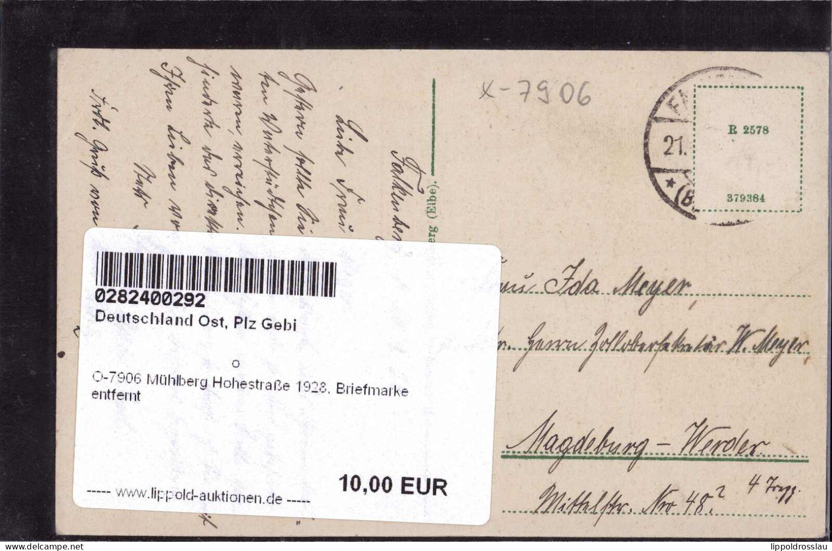 Gest. O-7906 Mühlberg Hohestraße 1928, Briefmarke Entfernt - Falkenberg