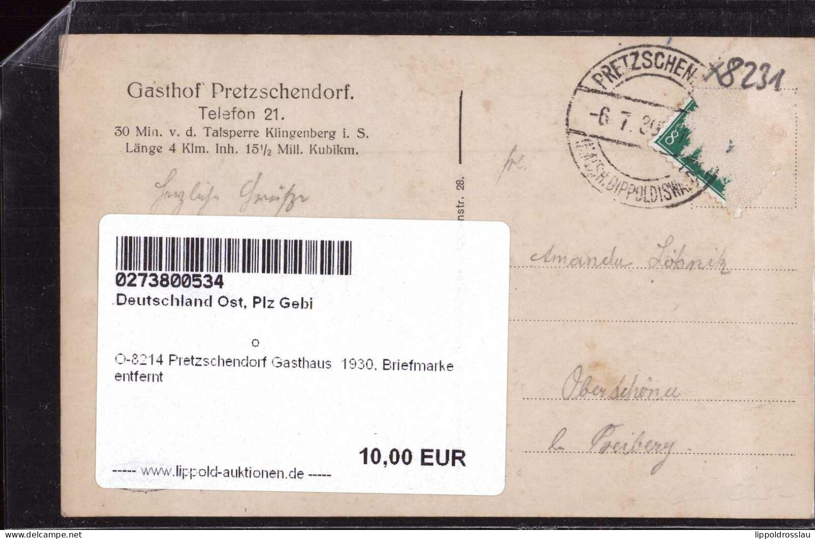 Gest. O-8214 Pretzschendorf Gasthaus 1930, Briefmarke Entfernt - Freital
