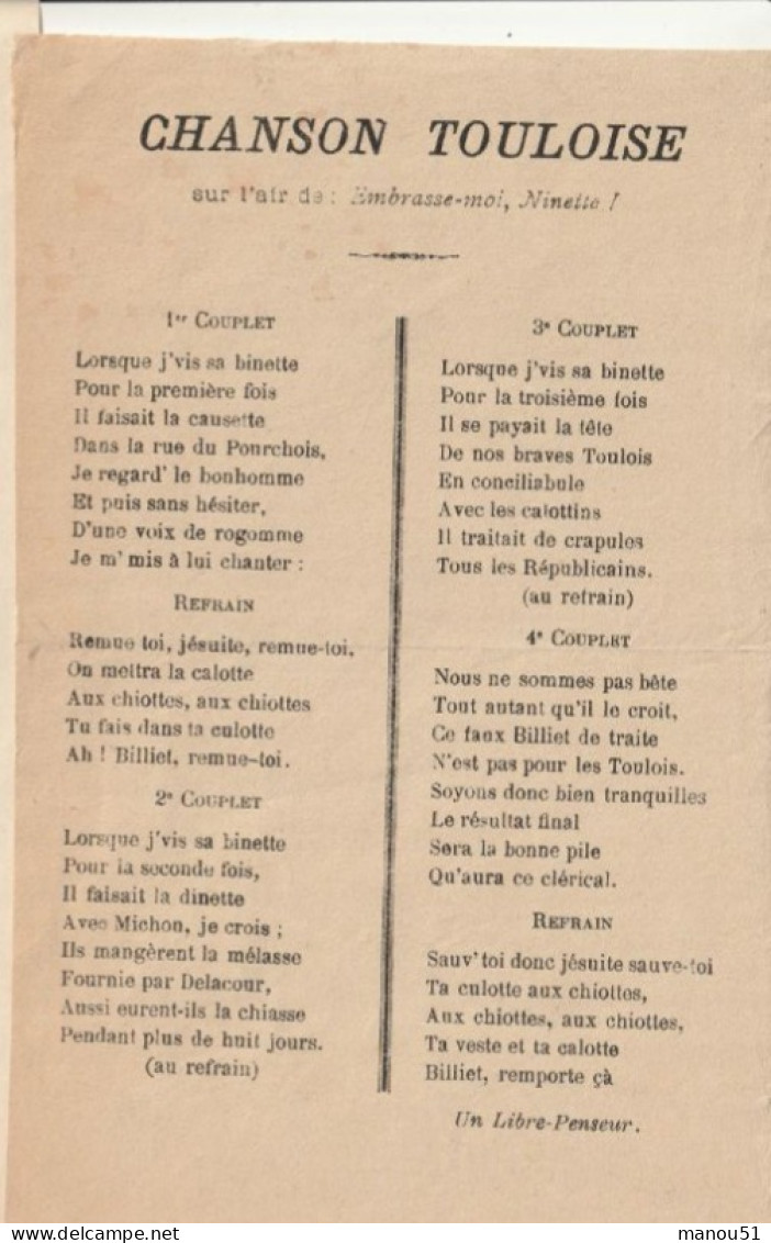 TOUL - Chanson Touloise ( Sur L'air : Embrasse Moi, Ninette ) Par Un Libre Penseur - Spartiti